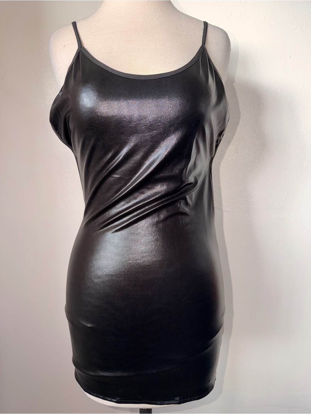 Sleek Black Faux Leather Slip Dress - Women's